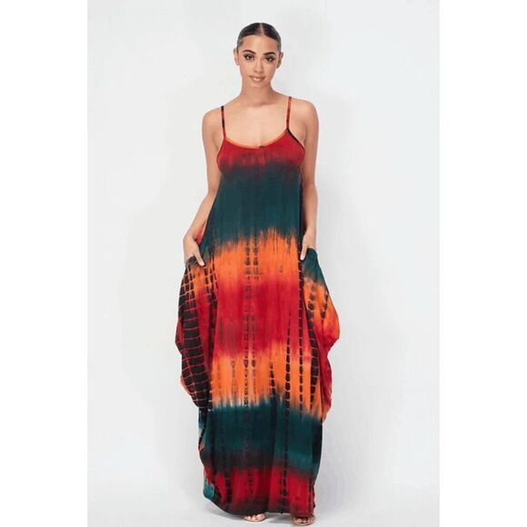 Votique Red Green Orange Tie Dye Stretchy Summer Maxi Dress M/L - Picture 8 of 9